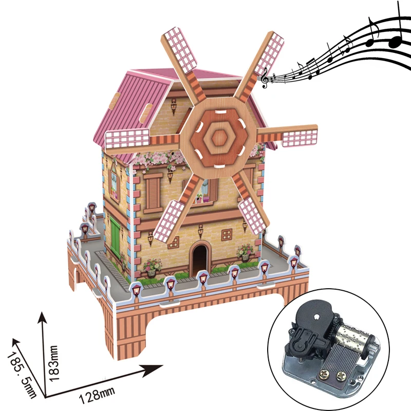 

Music Box DIY 3D Paper Windmill Puzzle Musical Toys Assemble Model Building Kits Toys for Children Adult Birthday gifts