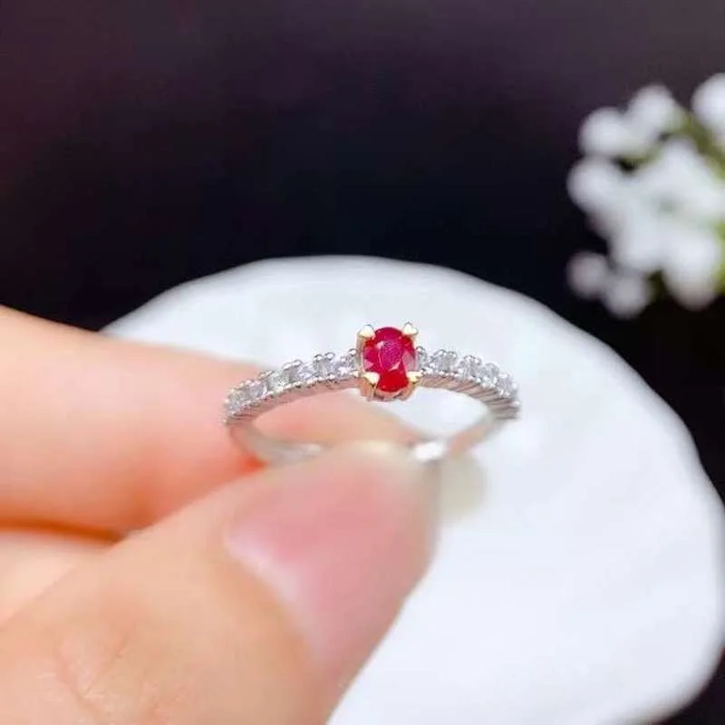 Simple 925 Silver Ruby Ring for Engagement 3 Mm * 4Mm VS Grade Natural Ruby Silver Ring Sterling Silver Ruby Jewelry Girl Gift