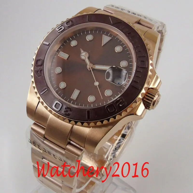 

40mm Sterile Brown Dial Brushed Rose Golden Ceramic Sapphire Glass Date Automatic Mens Watch Miyota 8215 Mingzhu 2813 Movement