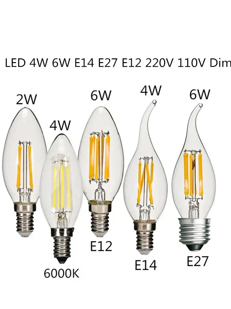 5PCS LED Edison Filament Candle Blubs Light Golden C35 C35L 2W 4W 6W Warm white Dimmable E14 E12 E27 220V 110V For Crystal Light