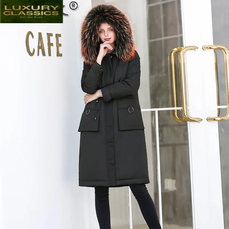 2021 Down Jacket Female Long Thicken Hooded Woman Parka 90% White Duck Down Female Coat Raccoon Fur Collar Coats Clothes