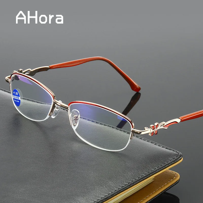 

Ahora Anti Blue Light Flower Reading Glasses Women Half Frame Prebyopia Spectacles Hyperopia Eyeglasses +1.0+1.5+2.0+2.5...+4.0