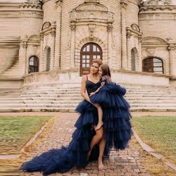 Navy Blue Extra Puffy Hi Low Tiered Ruffles Tulle Long Skirts With Train For Mom & Daughter Photo Shoot Custom Made Mommy & Me