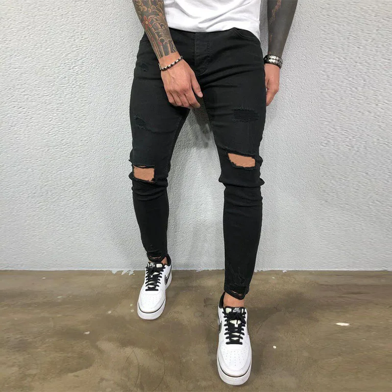 Männer Jeans Knie Loch Ripped Stretch Dünne Denim Hosen Einfarbig Schwarz Blau Herbst Sommer Hip-Hop Stil Schlank fit Hosen S-4XL