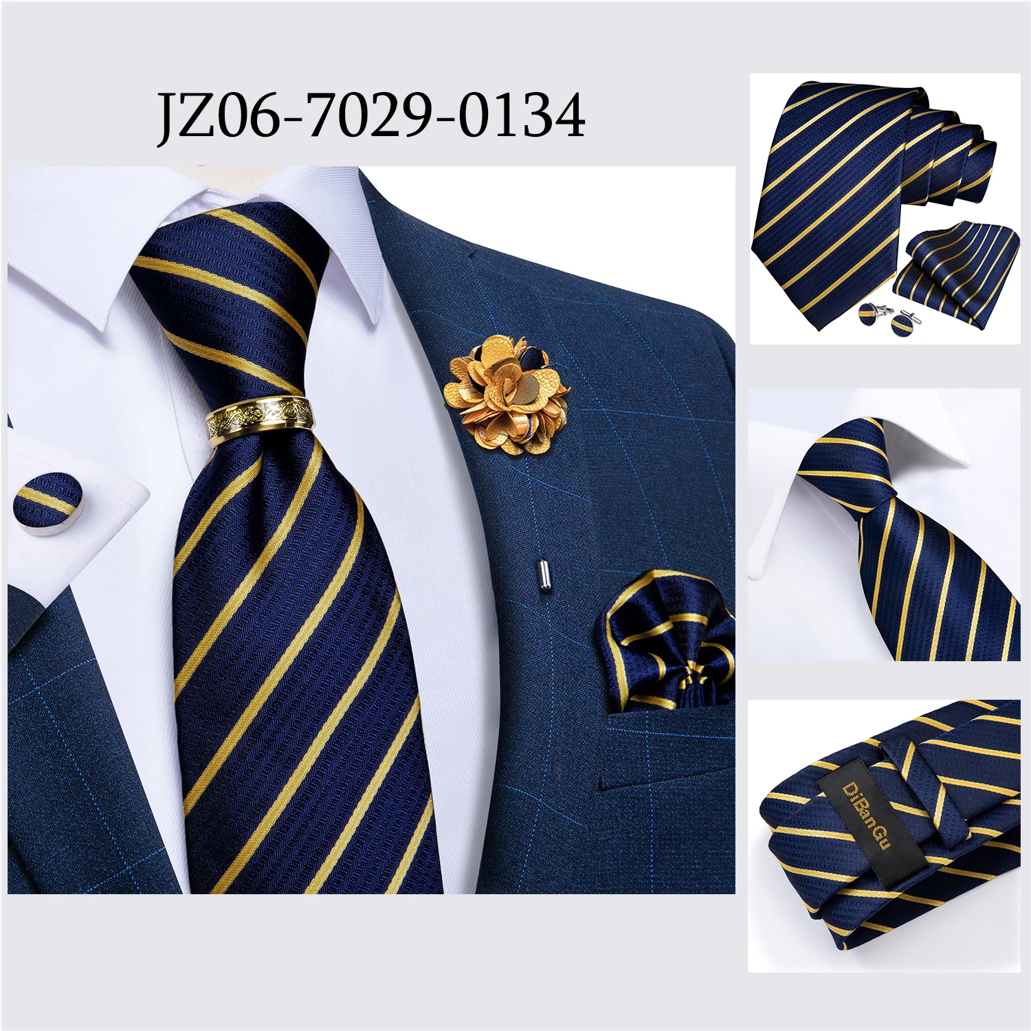 Handgefertigte Paisley-Blumen-Krawatte in Königsblau für Herren, klassische 8 cm breite gewebte Jacquard-Krawatte mit Einstecktuch, Manschettenknöpfen und Brosche – Detail 31