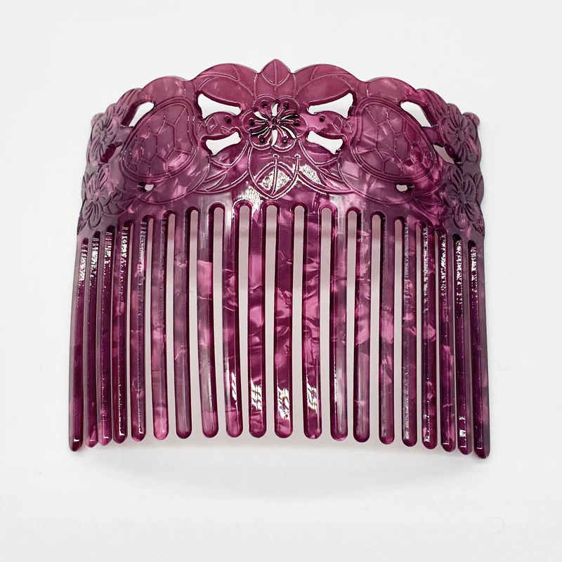 Fashion Popular Wide Hair Combs Turtle Flower Carved Acrylic Shell Combs For Ladies
