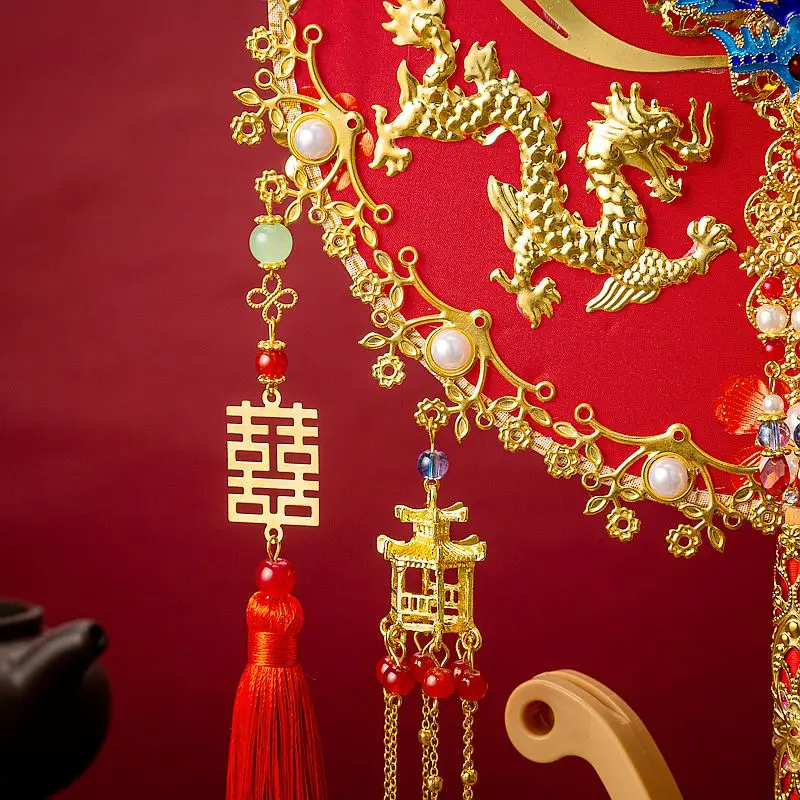 Himstory-leque de casamento, buquê de noivado, vermelho, dourado, joias, decoração com borla, acessório tradicional chinês para damas de honra