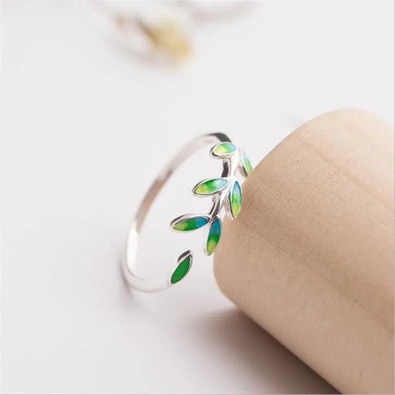 New Arrival Exquisite Green Leaf Epoxy Fashion 925 Sterling Silver Jewelry Atmosphere Creative Leaves Opening Rings R128