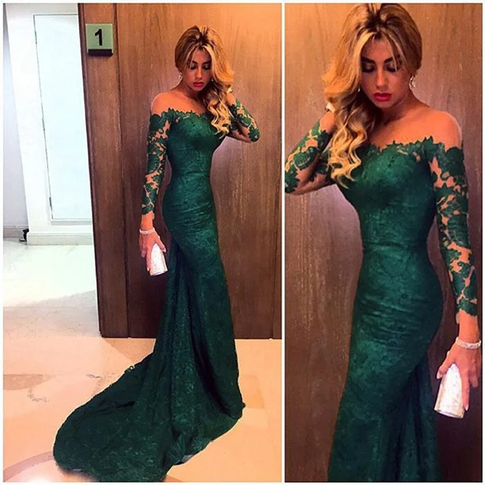 

2025 sexy illusion Hollow Out Long Sleeve Neckline Mermaid Dark Green Evening Party prom gown Custom mother of the bride dresses