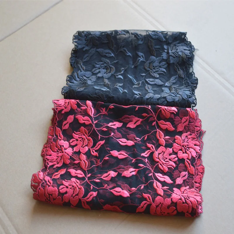 2Yds/Lot 22-24cm Wide Transparent Black Mesh Fluorescent Red,Black Flower Embroidery High Quality Lace Trim For Garments,Wedding