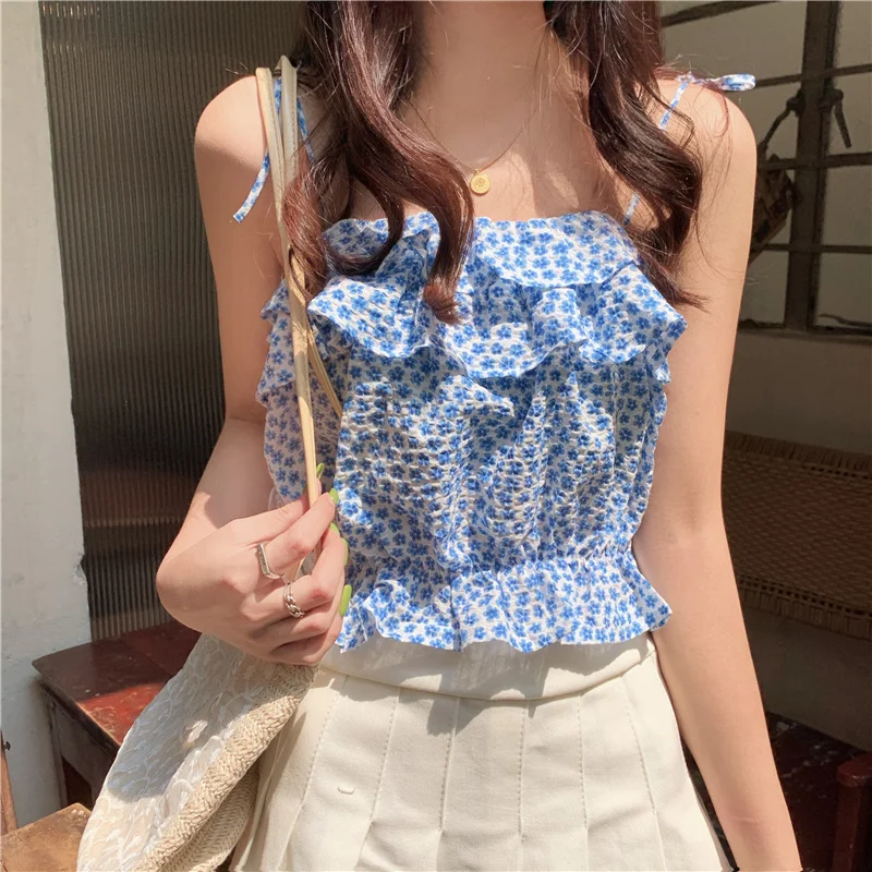 Crop Top Women 2021 Summer Lotus Leaf Print Floral Sling Strap Vest Outer Wearing Fashion Ultra Short Thin Suspender Top Femme