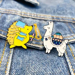 Cartoon alpaca brooch, cute hedgehog, all-match alloy enamel pin, bag decoration badge, gift for friends