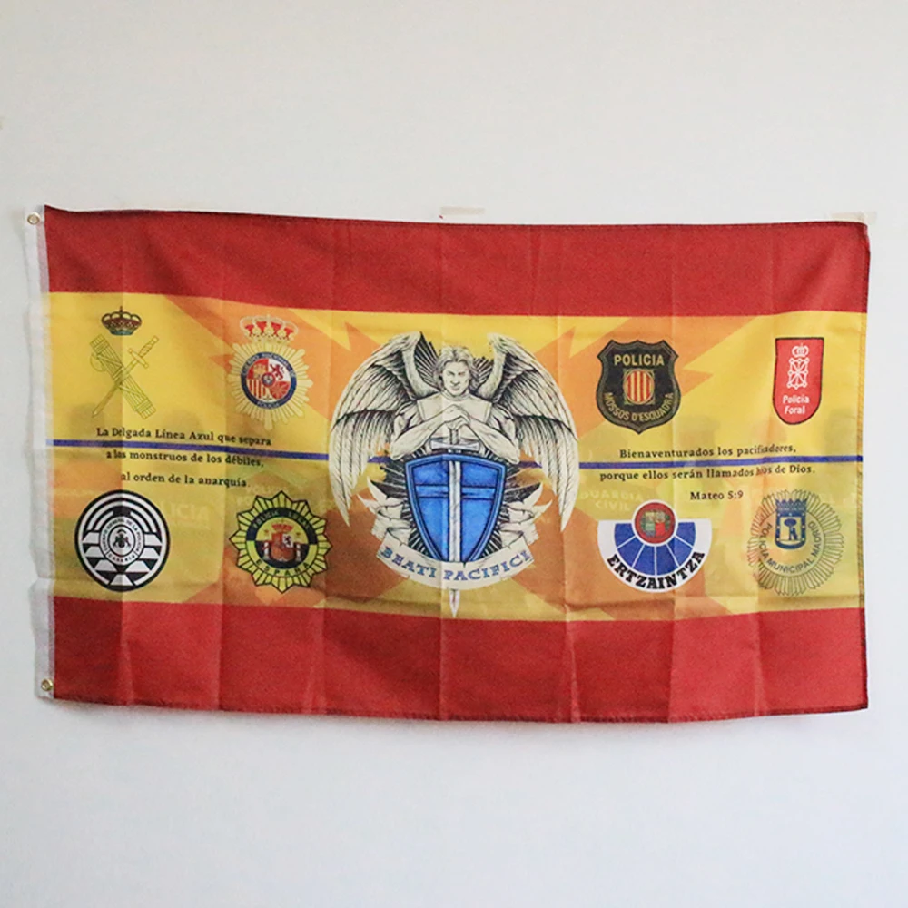 Flag of Spain with The Angel Custio Thin Blue Line Police Civil Guard 3x5FT 90x150cm 100D Polyester with Brass Grommets