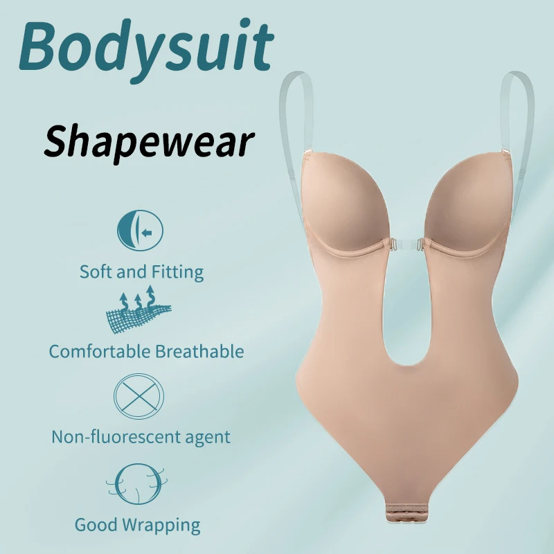 Modelador do corpo com decote em v profundo para mulheres, shapewear sem encosto, tanga de U mergulho, cintura trainer, alça clara, espartilho push