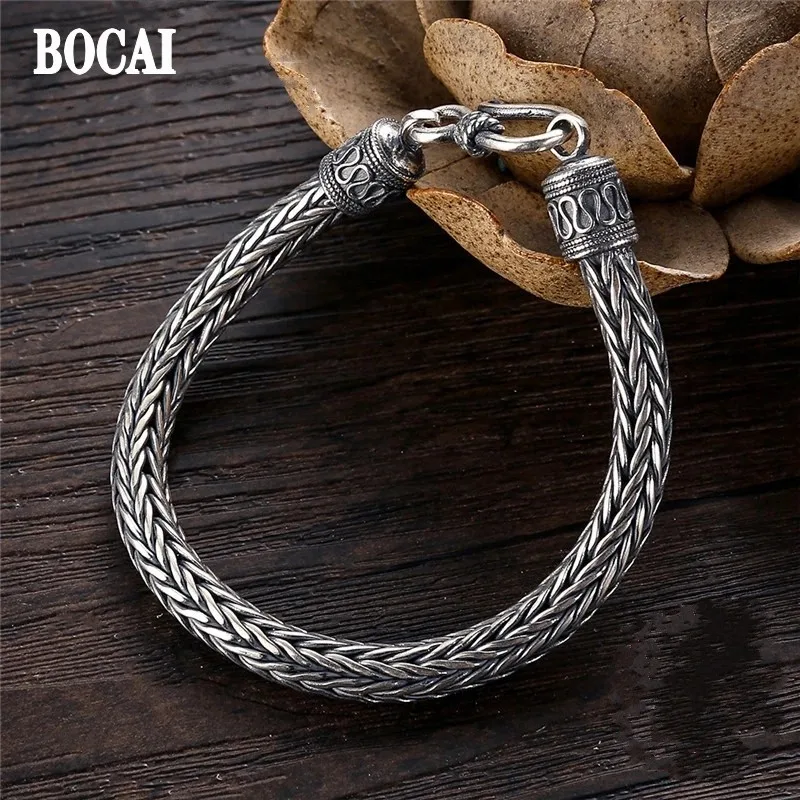 BOCAI New Trend S925 Silver Jewelry Peace Pattern RetroHand-woven Hemp Rope Chain Thick Style Men's Keel Bracelet Christmas Gift