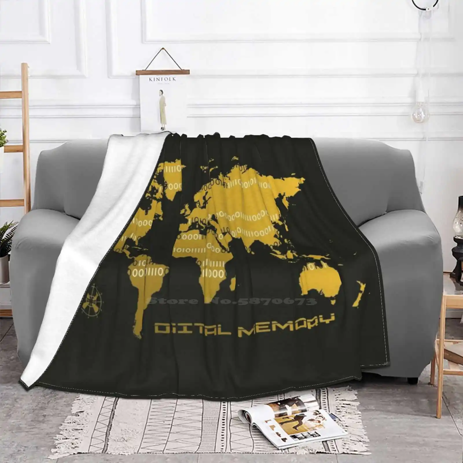 Golden Digital World Map Illustration Super Warm Soft Blankets Throw On Sofa/Bed/Travel World Map Tech Sentence Urban