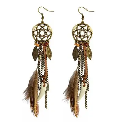 Round Retro Women's Dream Catcher Handmade Long Tassel Feather Earrings Female Leaves Pendant Earring Kolczyki Boho Jewelry