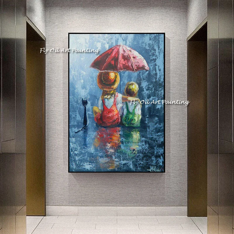 High Quality Modern Wall Art Oil Painting Two Kids 100% Handmade Modern Canvas Abstract Lover with Red Umbrella Oil Painting