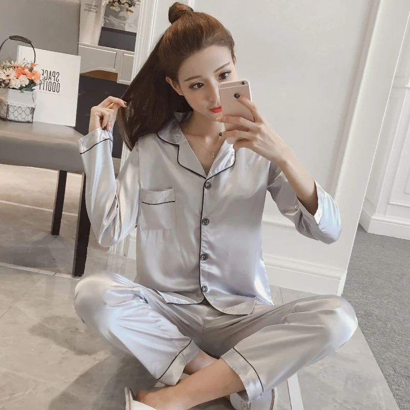 Womens Silk Satin Pajamas Sleepwear Long Sleeve Pajamas Suit Female Sleep Two Piece Set Women's Loungewear Pyjamas Set Plus Size