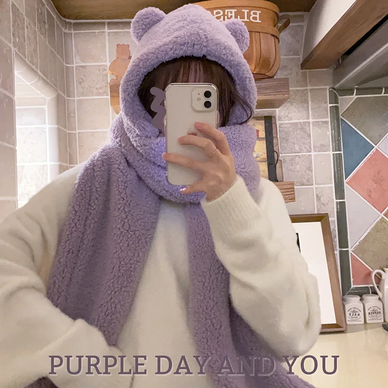 Cute Winter Long Scarf Women Purple Kawaii Bear Ear Hooded Plush Hat Soft Fuzzy Wool Warm Lamb Cashmere Cartoon Animal Scarves