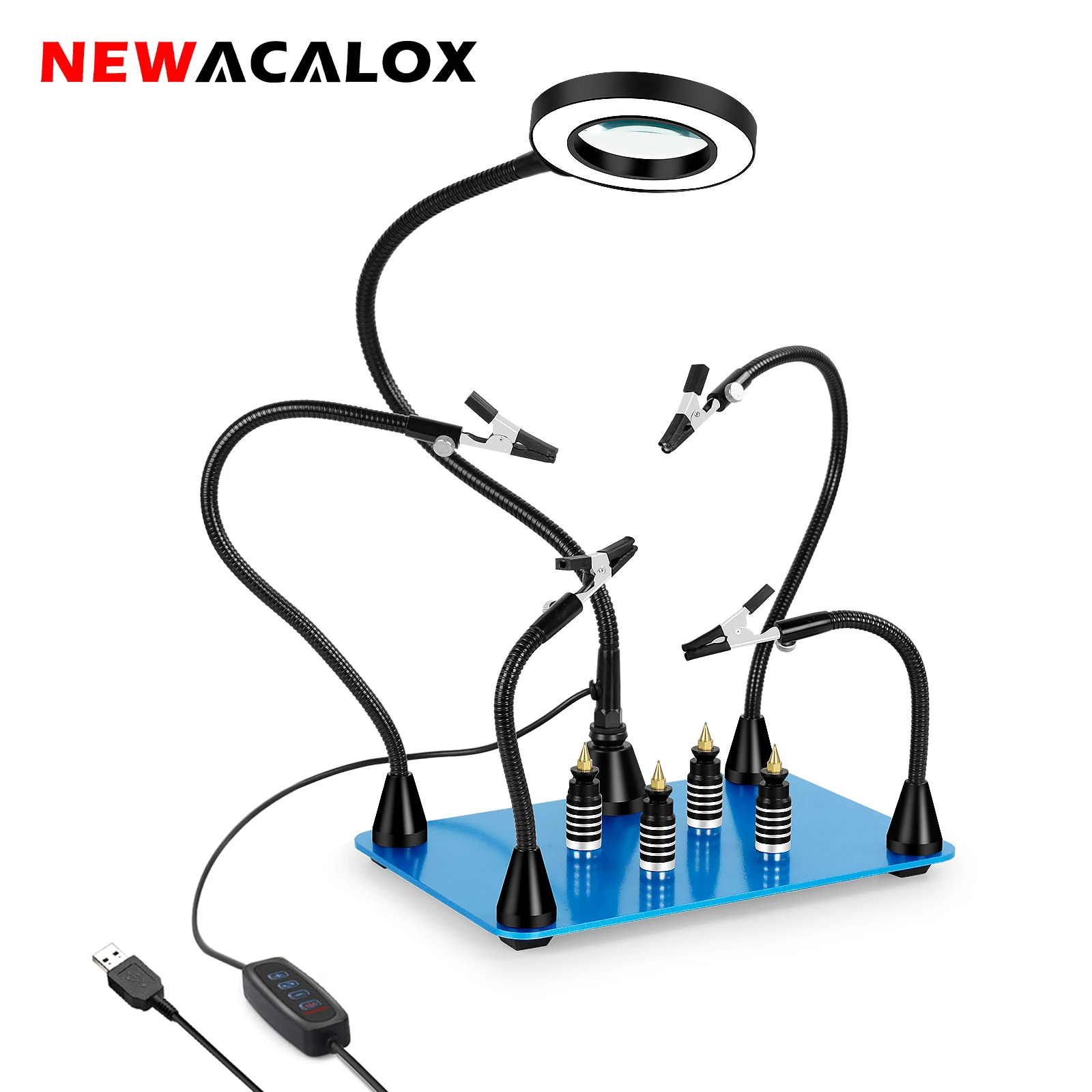 

NEWACALOX Welding Third Hand Tool Magnetic PCB Board Fixed Clip 3X LED Magnifying Glass Flexible Arm Soldering Helping Hand Tool