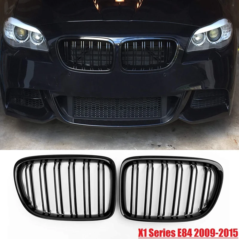 Glossy Black Front Bumper Dual Slat Front Kidney Grill Grille For-BMW X1 Series E84 SDrive XDrive 2009-2015