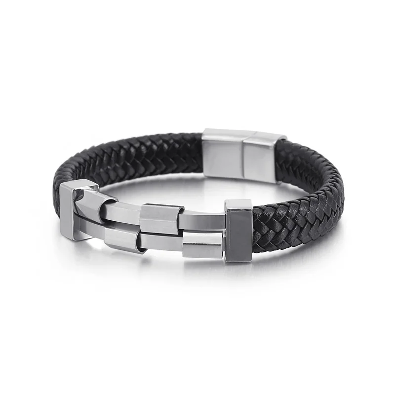 KALEN Double Layer Stainless Steel Bangles Men Hiphop/Rock Cowhide Leather Bracelets For Men Jewelry