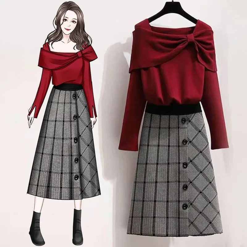 Bow Asymmetry Knitted Sweaters Winter Elastic High Waist Houndstooth Vintage A-line Skirts For Women Two-piece Set Womens Suit