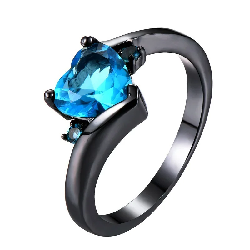 Woman Rings Korean Fashion Gothic Accessories Love Aquamarine Zircon Black Gold Heart-Shaped Ring Gold Jewelry Engagement Ring