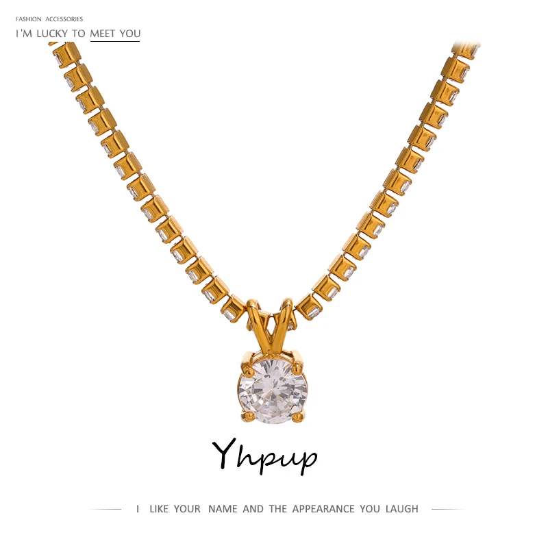 Yhpup Cubic Zirconia Pendant Chain Stainless Steel Necklace for Women Party Luxury Fashion Charm Bling Necklace Waterproof Gift