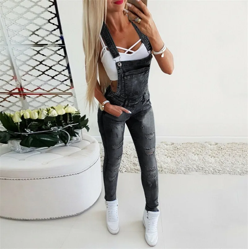 

Women Ladies Straps Pants Casual Ripped Pants Solid High waist Long Denim Trousers Pencil Pants Bib Overalls Female Clothes