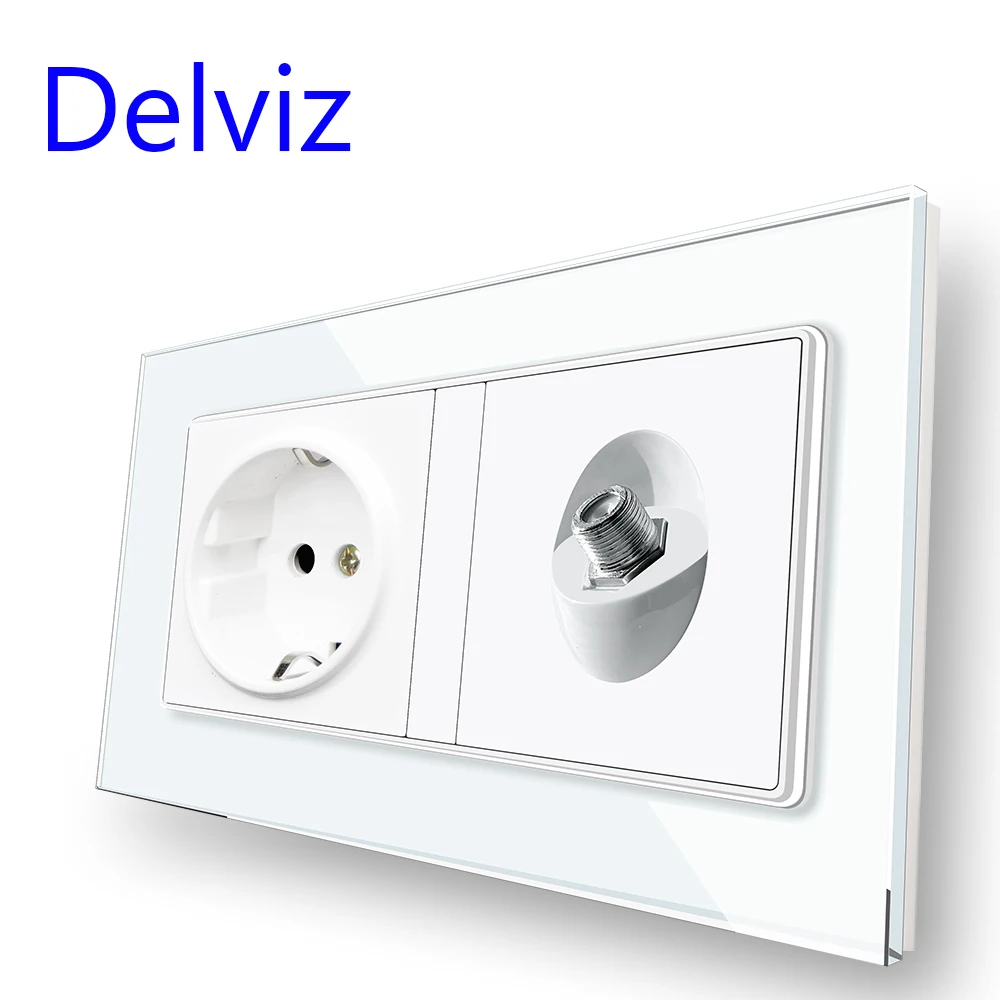 Delviz Wall Satellite Socket, White new style Tempered Crystal Glass Panel, low current SATV plugs, EU standard 16A power Outlet