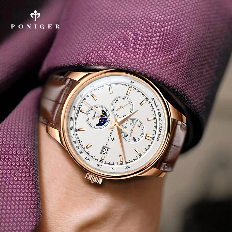 

PONIGER Rose Golden Moon Phase Design Механические автоматические часы Календарь Коричневые кожаные мужские часы Лучший бренд Роскошные часы
