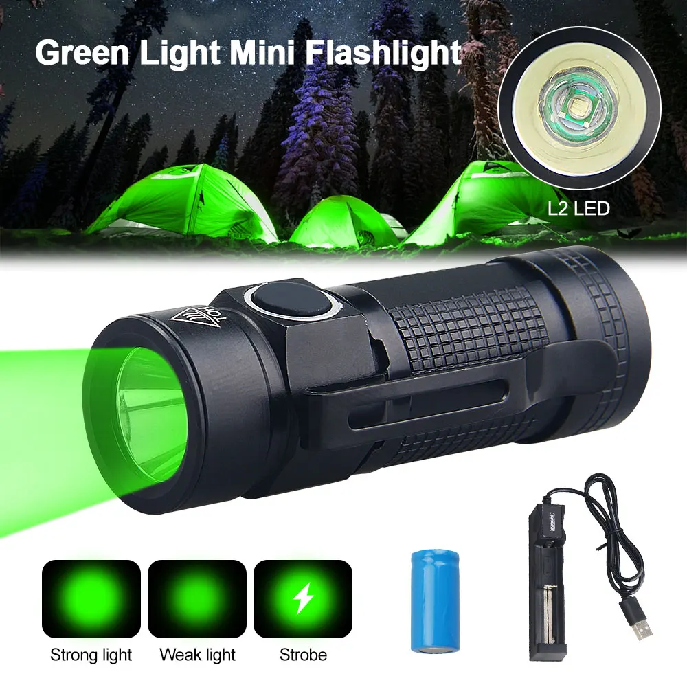 2022 New Green Light LED Tatical Flashlight Portable Hiking Tiny 3Modes Torch Lantern with Cilp+16340+USB Charger+Protection Box