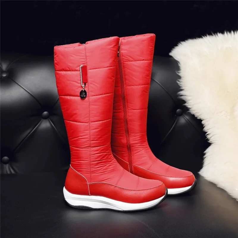 MVVJKEFashion Women Winter Leather Wedges Knee Boots Waterproof Zipper Snow Boots Ladies Warm Footwear Platform Shoes Black Red