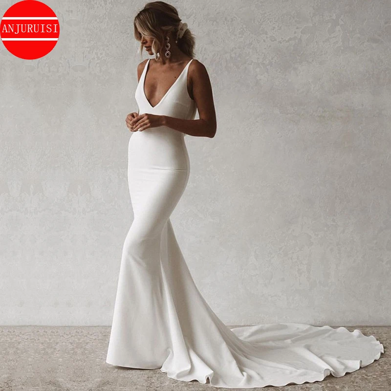 

Sexy V Neck Boho Wedding Dress Mermaid Soft Satin Vestido De Novia 2022 Spaghetti Straps Bride Gown Robe Mariage Boda Trouwjurk