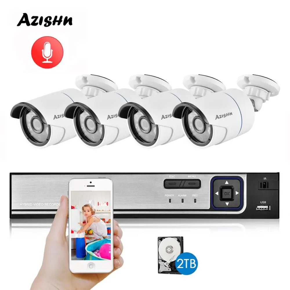 

AZISHN H.265+ CCTV System POE NVR Kit 4CH 5MP HD Face detection Audio Waterproof IP Camera Bullet Home Security Camera System