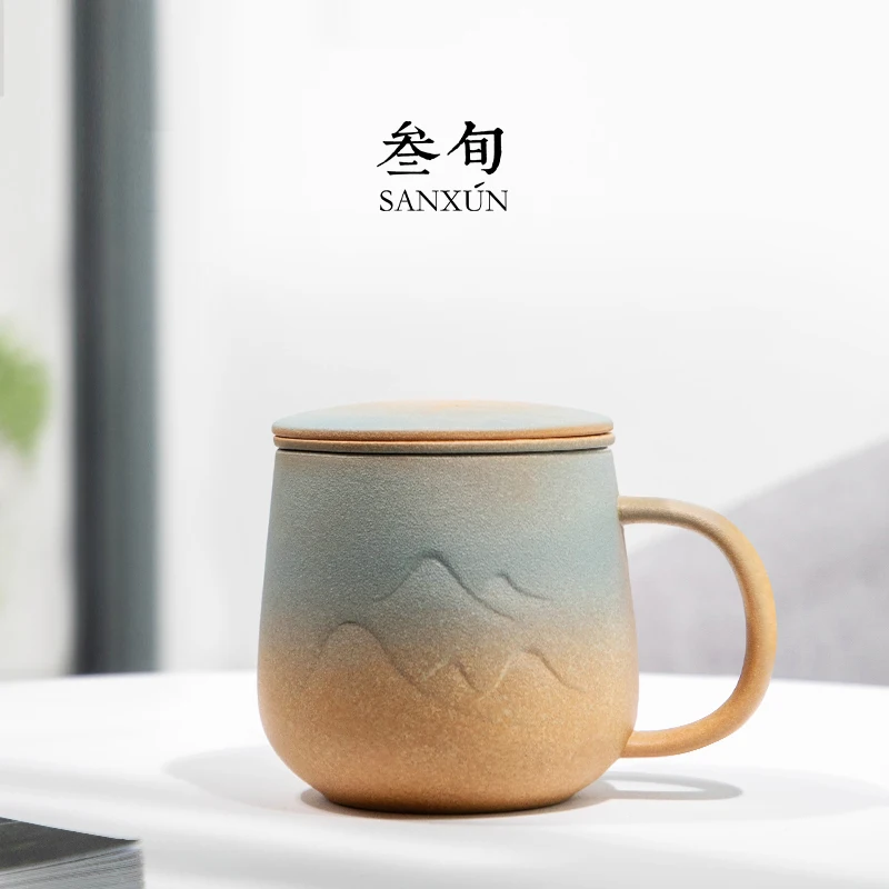 

|Thirty years mountain mug with cover filter tea cup household ceramic water cup office tea cup customization