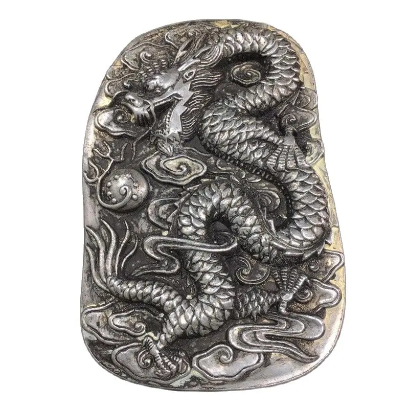 

Chinese Tibetan Silver Relief Yungang Grottoes Inkstone Plate With Silver The Dragon Inkstone