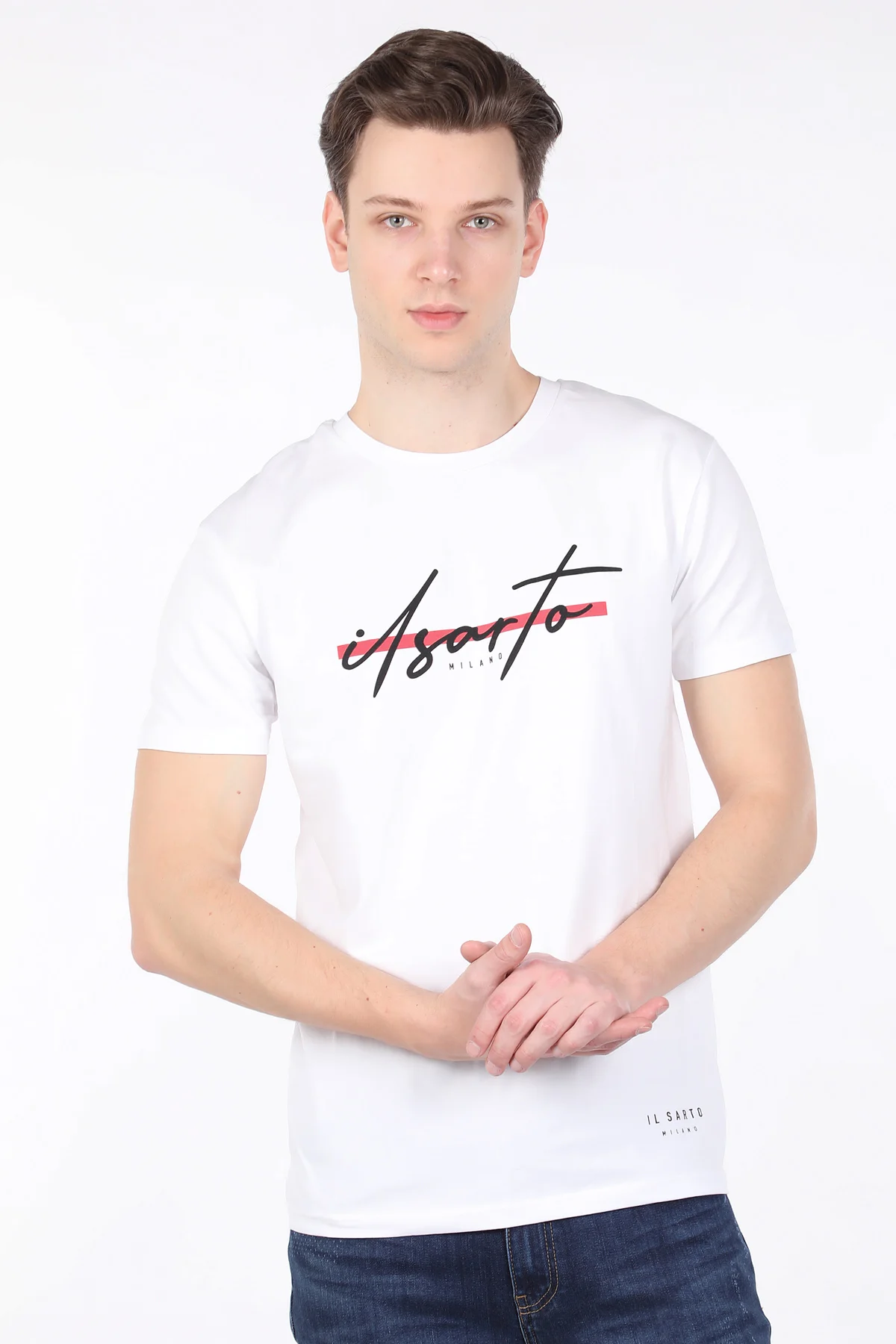 Men's white printed cycling collar t-shirt