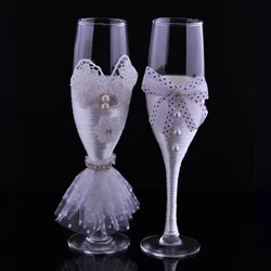 Newest 1 pair/lot white Bowknot wedding Champagne Toasting Glasses Set for wedding decoration