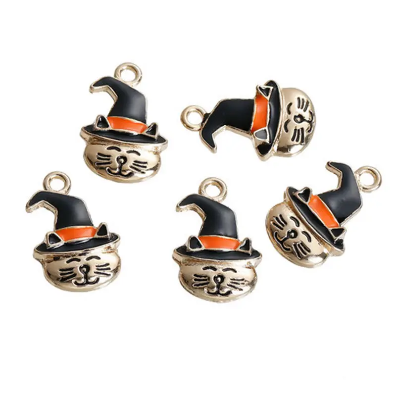 5 PCs Zinc Alloy Halloween Charms Cat & Owl Animal Rhinestone Golden & Black Hat Enamel Pendants For DIY Jewelry Makin