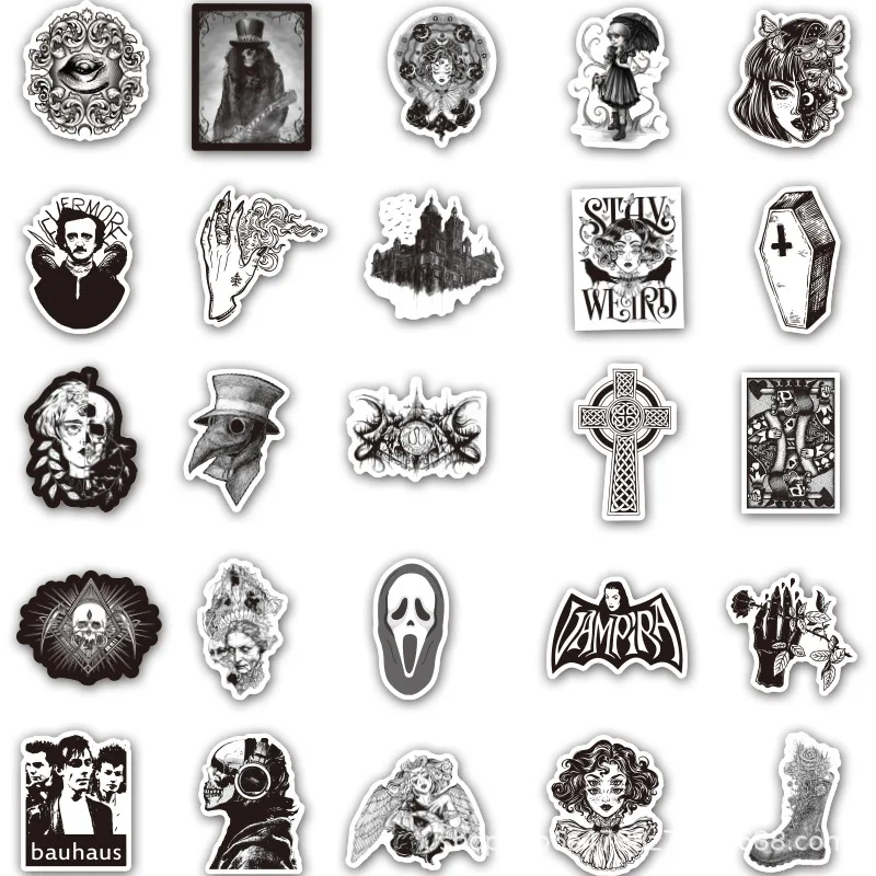 50Pcs Black White Gothic Style Horror Thriller Stickers Cool Pegatina for DIY Laptop Skateboard Luggage Guitar Decals Sticker