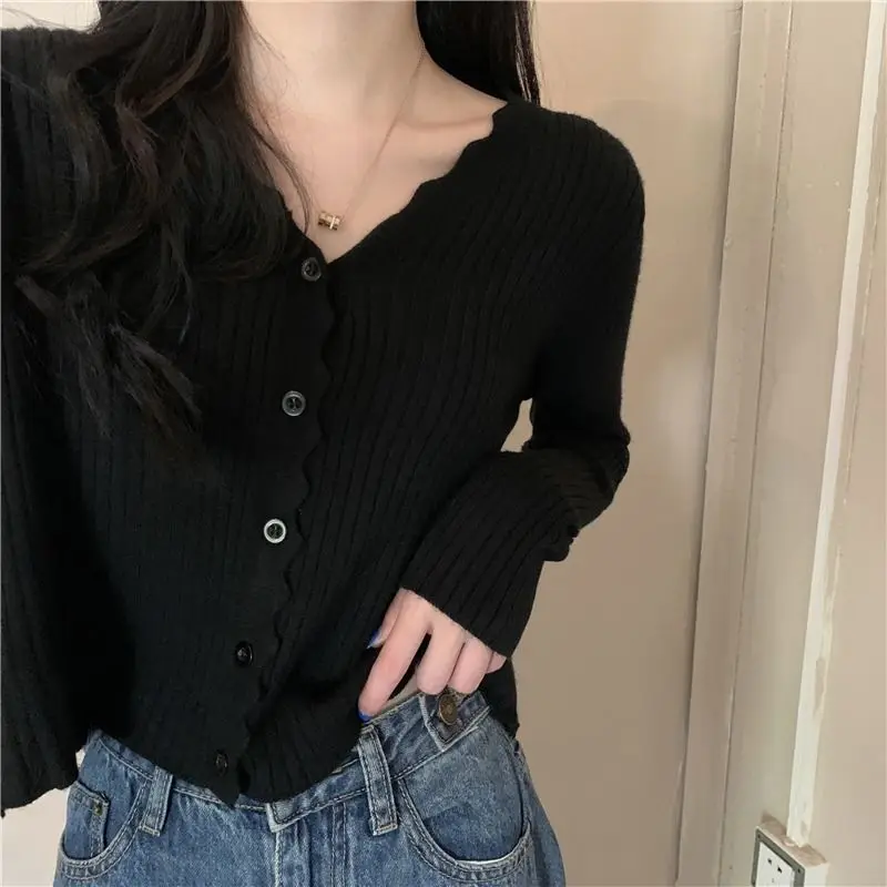 Cropped Cardigan Women Long Sleeve Slim Solid Color Knitted Simple V-neck Sweaters Elegant Outerwear Female Spring Fall Clothing