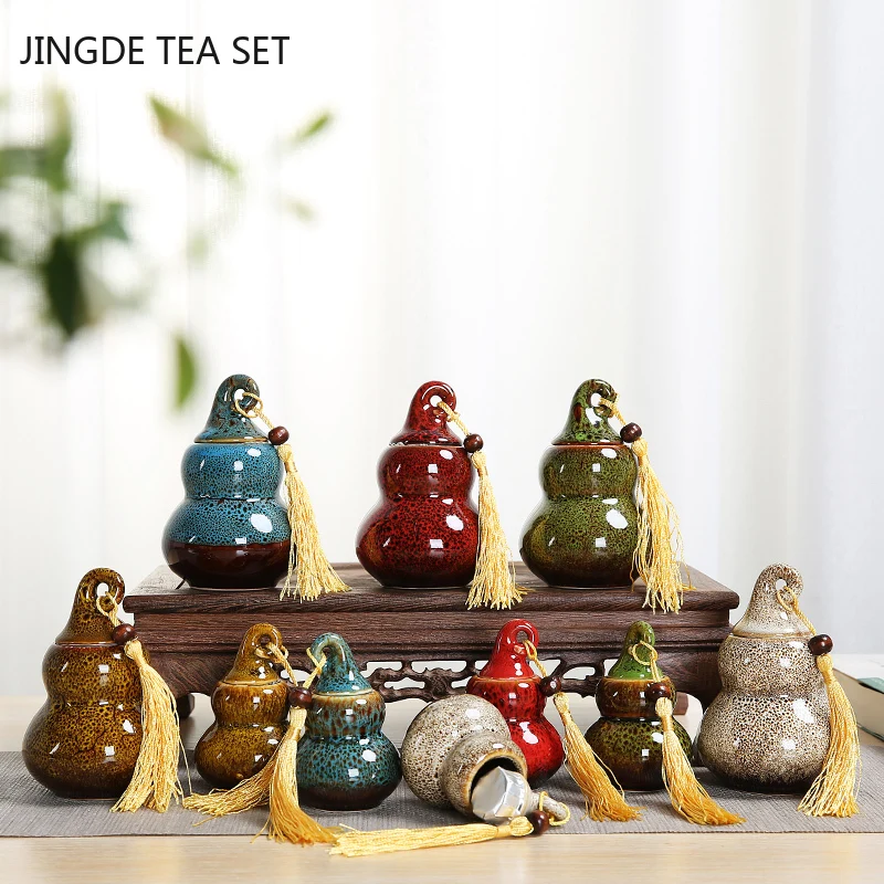 Ceramic Gourd Model Tea Can Portable Sealed Jar Travel Tea Caddy Storage Spice Tea Boxes Candy Storage Tank Home Decorations