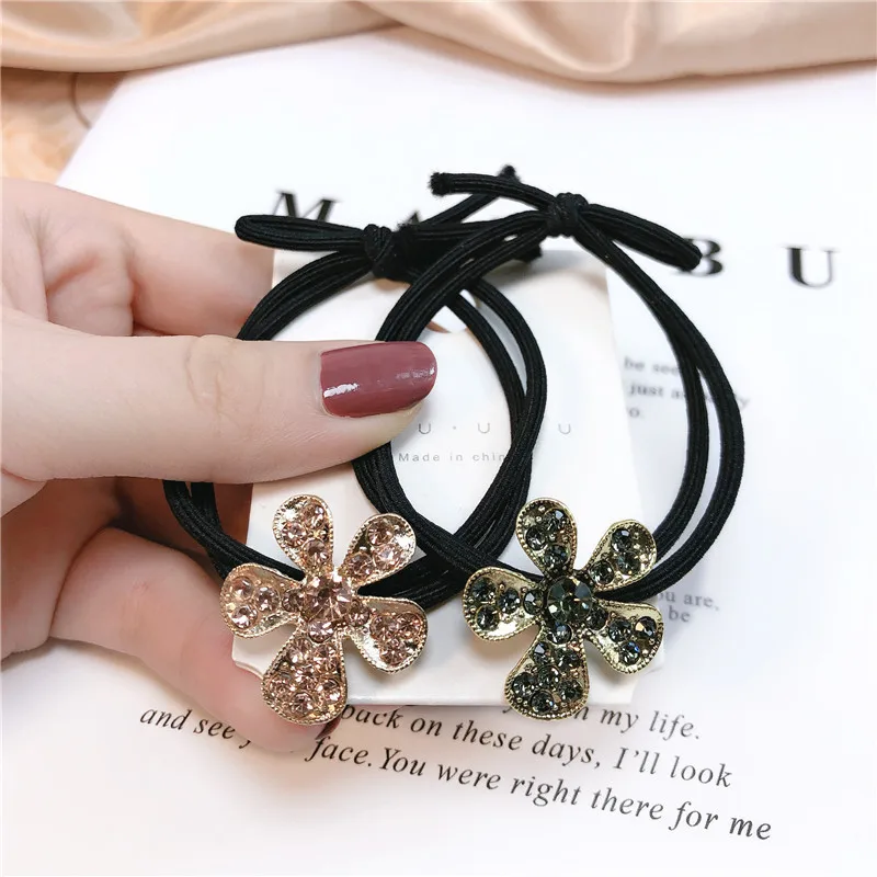 Hot Sale Korean Rhinestone Flower Scrunchies Women Girls Elastic Hair Rubber Band Accessories Tie Hair Ring Rope Headdress