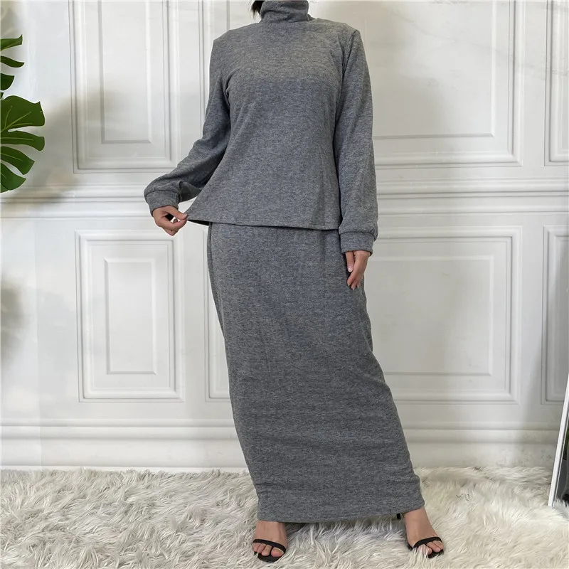 Autumn Winter Knitted Cotton Muslim Outfits Women Long Sleeve Turtleneck Sweater Tops Skirt 2 Piece Set Islamic Suit Abaya Dress