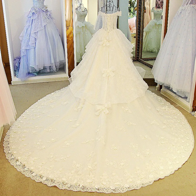 Real Photos Luxurious Wedding Dresses with Royal Cathedral Train Robe De Mariage Bling Crystals Lace Bridal Dress Custom Made