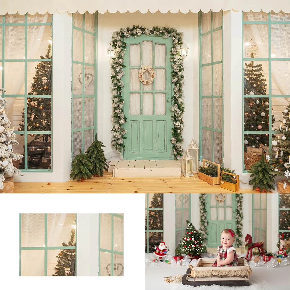 Christmas Backdrop Photography cyan-blue House Wreath Christmas tree Backdrops Birthday Party Gift Background Photobooth