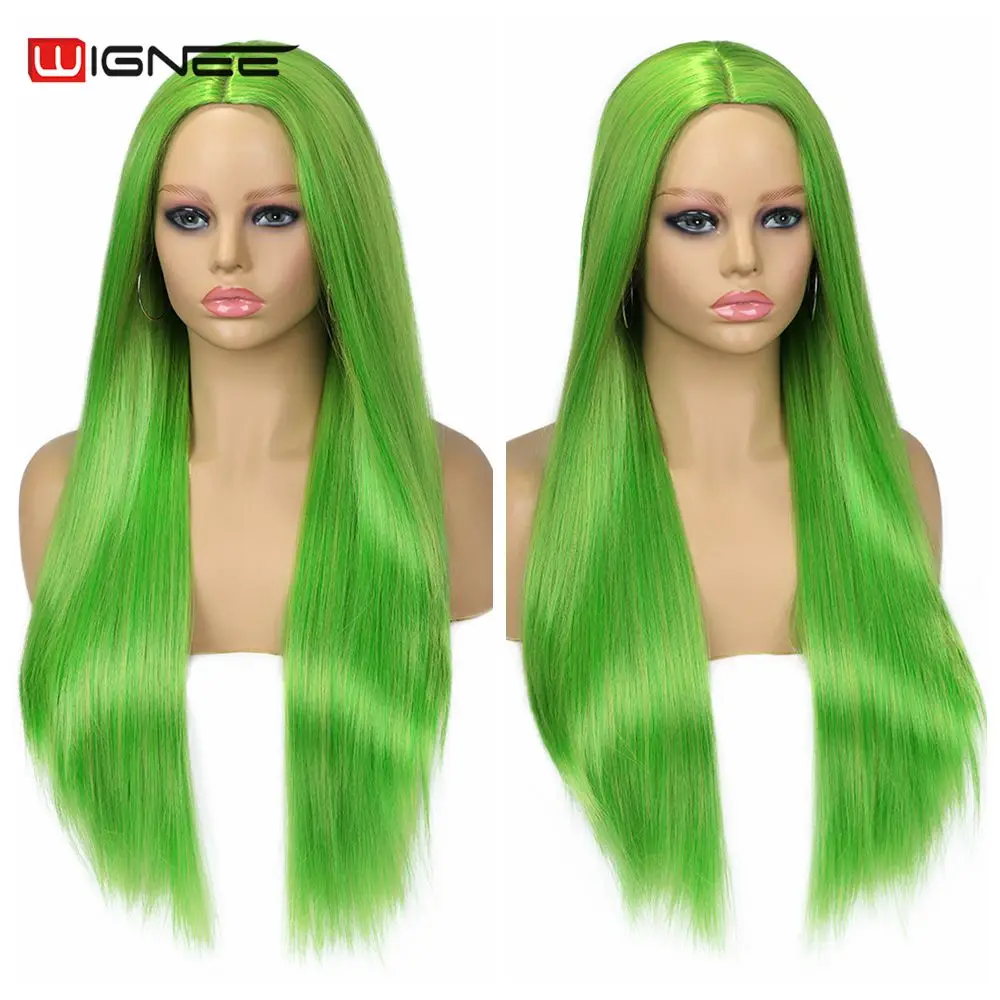 Wignee Lange Gerade Gras Grün Synthetische Heat Resistant Perücken Für Frauen Natur Mittleren Teil Cosplay Natürliche Haar Perücken